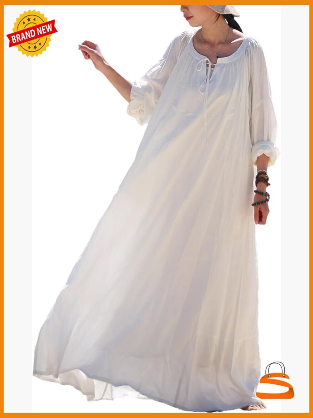 Elegant Long Sleeve Maxi Dress Cotton Linen Casual Loose Soft Boho with Pockets